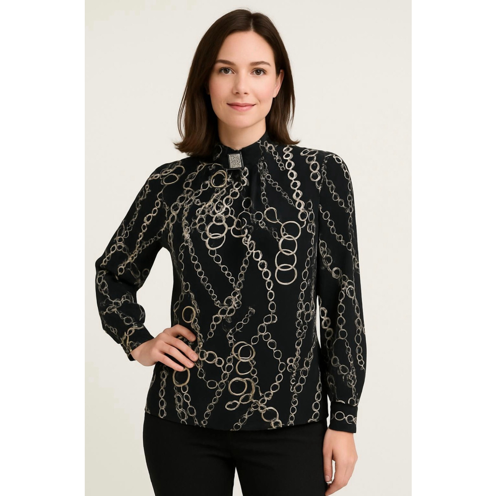 Woman's Laura Black Chain High-Neck Embellished Collar‎ Blouse Lg Career Office